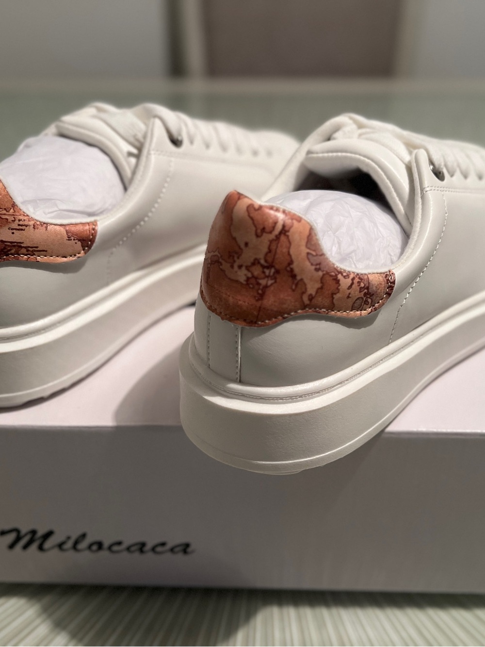White Leather Sneakers with Copper Accent Heel